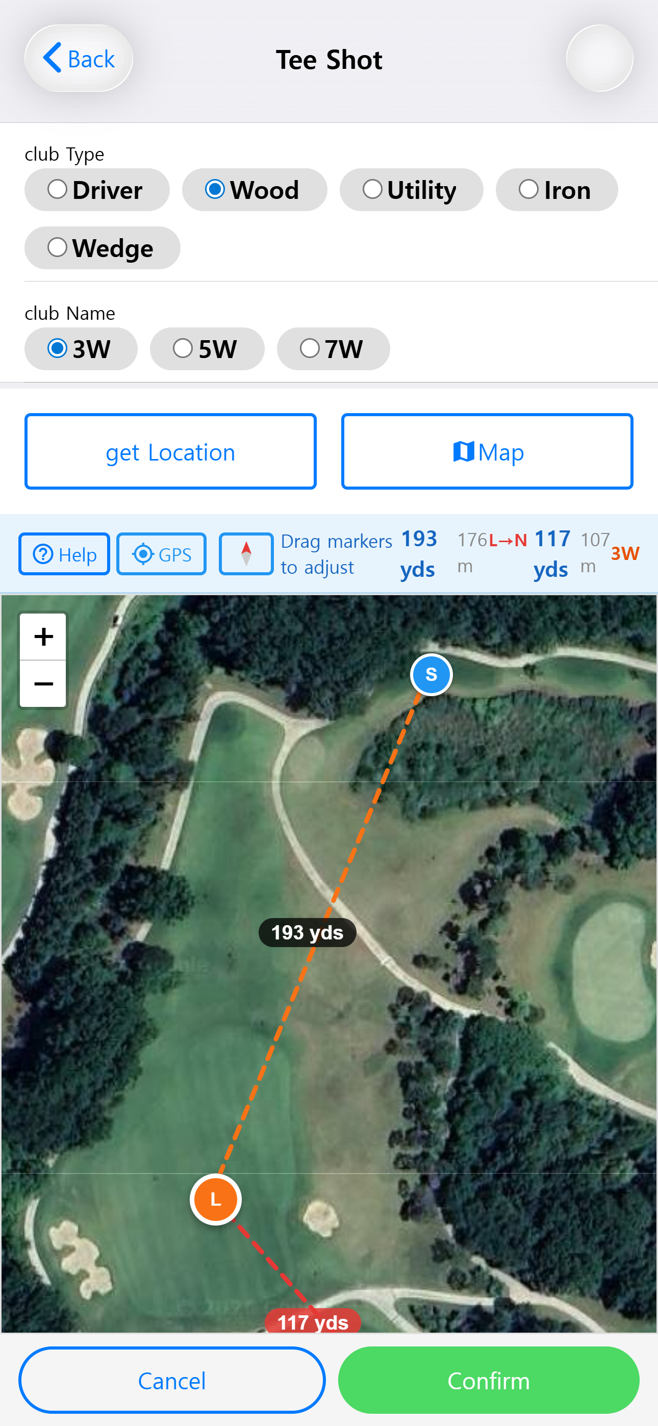 Club selection screen showing club type chips (Driver, Wood, Iron, Wedge) and club name options.