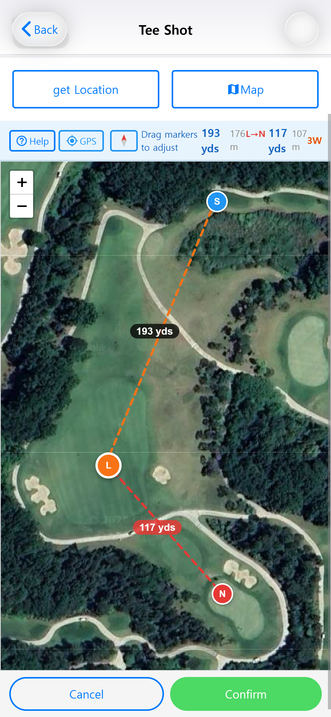 Inline satellite map showing S (blue), L (orange), and N (red) markers with dashed distance lines and yardage labels.